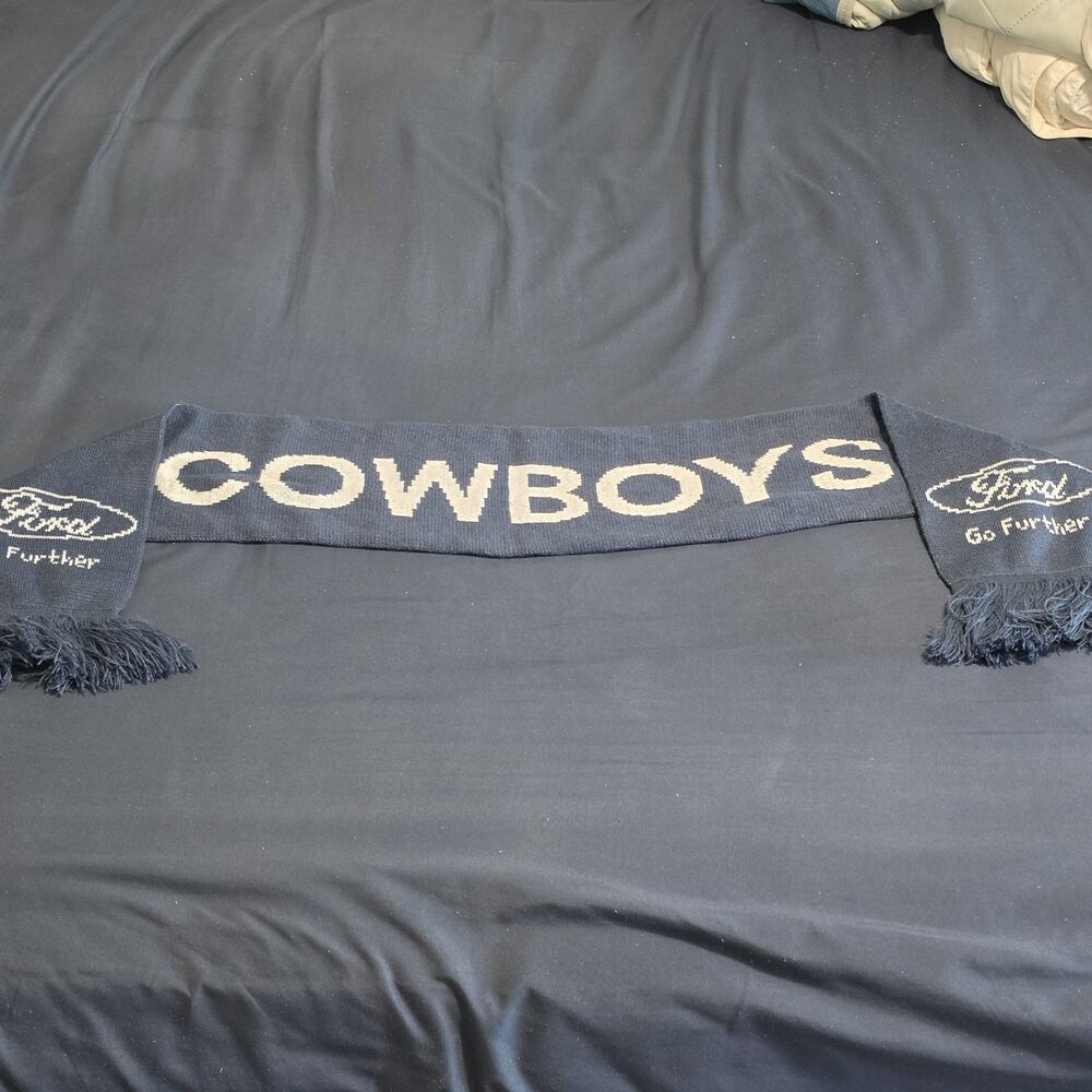 Dallas Cowboys Ford Logo Knit Scarf Fringe Double Sided 7 x 49 Inch Blue